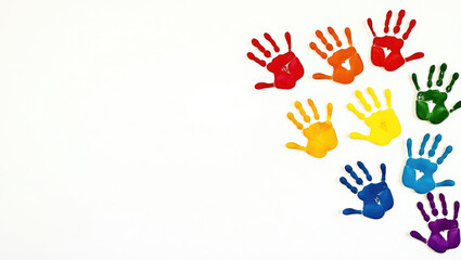 Fototapeta premium A colorful collection of handprints in different colors on a white background.Multicolored isolated palms represent creativity, childhood and diversity