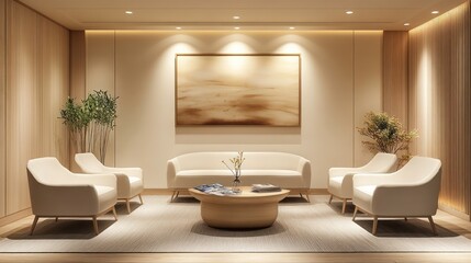 Modern minimalist waiting room interior design with beige sofas, wooden accents, and artwork.