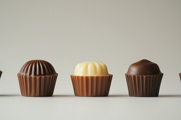 A row of assorted gourmet Valentine chocolates on a neutral background.