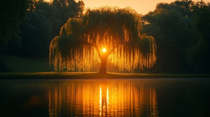 Weeping willow tree silhouetted against a vibrant sunset reflected in calm water.