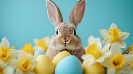 Fototapeta premium Easter Day: Adorable Bunny with Yellow Easter Eggs and Daffodils on a Blue Background