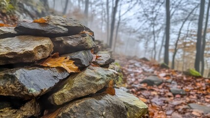 Obraz premium Misty forest trail rocks autumn leaves nature