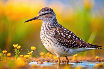 Fototapeta premium Wood Sandpiper Spring Breeding Russia - Candid Wildlife Photography, Tringa glareola Nest, Northern Russia Birds