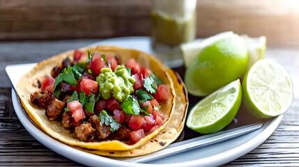 Delicious taco with seasoned meat, pico de gallo, guacamole, and cilantro. Served with lime wedges on a rustic wooden table. A perfect image for food blogs or restaurant menus.