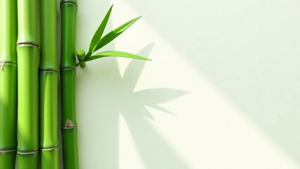 Naklejka premium Serene Green Bamboo Stalks with Delicate Leaf and Shadow Play on a Light Background