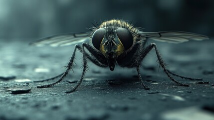 Fototapeta premium Close-up fly on dark surface, blurred background, pest control