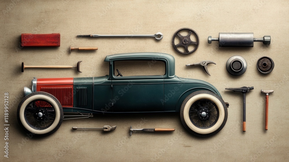 Aufkleber vintage car model with antique tools arranged creatively on textured background for automotive enthu