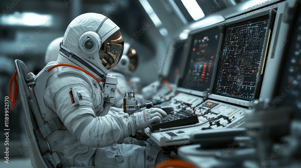 Poster Astronaut Engaged in Space Mission Operations Inside High-Tech Control Room with Complex Displays and Advanced Equipment