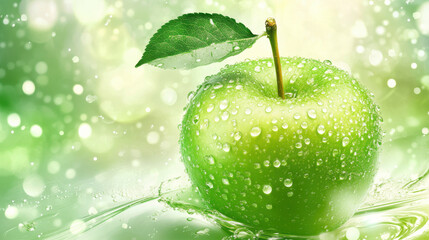 A perfectly detailed bright green apple with water droplets glistening on the surface, a slim stem slightly curved at the top, sitting on a seamless white background