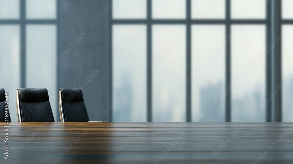 Poster modern conference room with empty black chairs and large windows overlooking a cityscape on a foggy 
