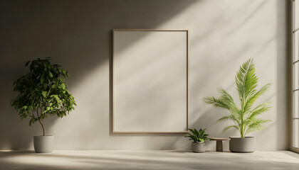 A minimalist interior featuring plants and a blank frame, creating a serene and stylish atmosphere.