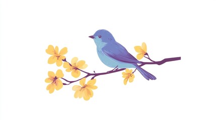 Bluebird perched on flowering branch, spring design, white background, nature illustration