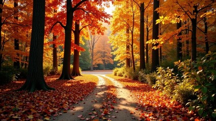 Fototapeta premium Autumnal Pathway Through a Golden Forest of Vibrant Fall Foliage Under a Sunlit Sky