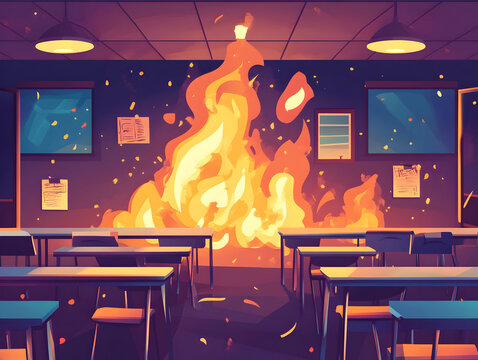 Classroom fire incident school digital art indoor dramatic scene