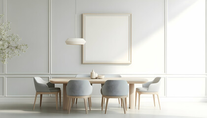 A modern dining area with minimalist design, featuring a light wooden table and soft gray chairs in natural light.
