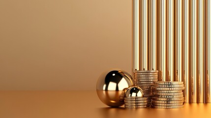 A sleek arrangement of gold bars, coins, and a sphere against a warm background, symbolizing wealth and luxury.