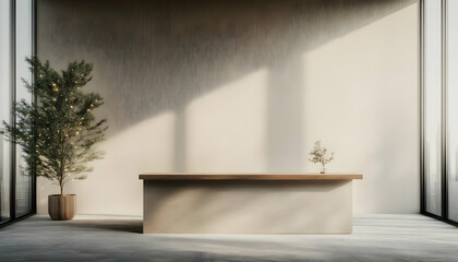 Fototapeta premium A serene workspace with natural light, featuring minimalistic decor and stylish plants for a calm atmosphere.