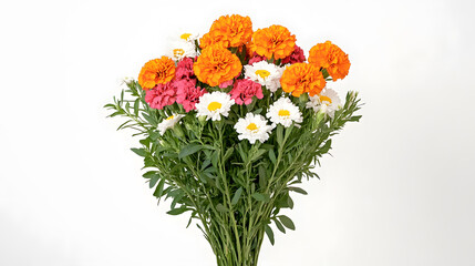 Vibrant bouquet of orange marigolds, pink carnations, and white daisies.  Fresh, colorful flowers arranged beautifully against a white background. Perfect for celebrations and gifting.