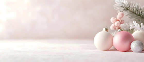 Elegant holiday decorations featuring pastel ornaments and evergreen foliage for a festive ambiance.