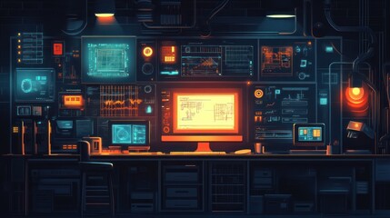 Fototapeta premium Futuristic control room with glowing monitors and tech.
