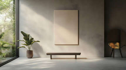 Minimalistic interior featuring natural light, plants, and a large empty canvas for artistic expression.