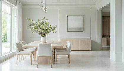 Modern dining room with natural light, featuring a wooden table and elegant decor, creating a serene atmosphere.