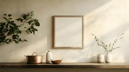 Serene interior design with a blank frame, plants, and minimalistic decor creating a calm ambiance.