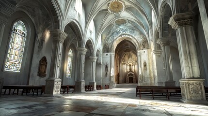 Fototapeta premium Ancient church interior, serene light