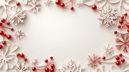 Modern minimalist holiday border composed of geometric paper-cut style snowflakes in crisp white, arranged in a perfect square frame. Each snowflake has precise angular cuts and subtle drop shadows,