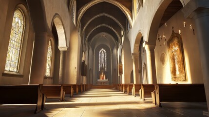 Fototapeta premium Sunlit church interior, peaceful scene