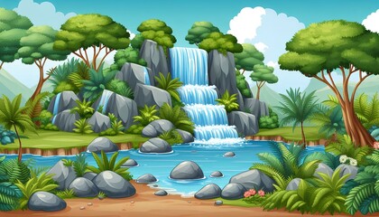 Stylized Waterfall in a Cartoon Landscape
