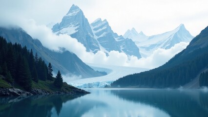 Fototapeta premium Serene glacial lake nestled amidst majestic snow-capped peaks and evergreen forests, a breathtaking landscape of pristine nature
