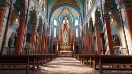 Fototapeta premium Tranquil church interior, sunlight streams in