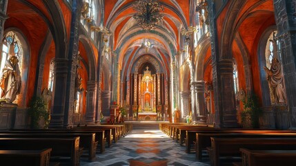 Obraz premium Grandiose church interior, sunlight streams in