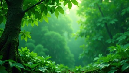 Fototapeta premium Serene Rainforest Scene Lush Greenery Bathed in Gentle Rainfall, Tranquil Atmosphere, Vibrant Foliage, Natural Beauty