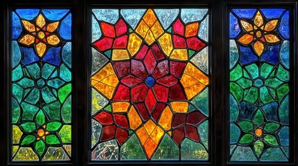 Colorful stained glass window, floral design, interior, garden view, home decor