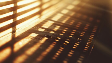 Classic 35mm filmstrip design with authentic film sprocket holes and grain texture, bathed in honey-golden afternoon sunlight streaming through venetian blinds. Delicate dust particles float visibly