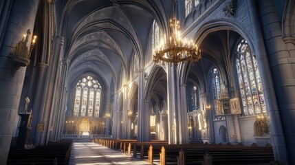 Fototapeta premium Grand cathedral interior, sunlight streams in