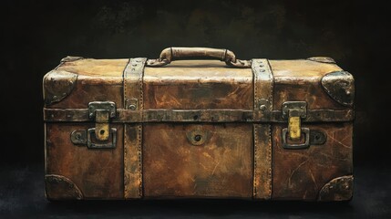 Vintage brown leather suitcase with metal accents on dark background.
