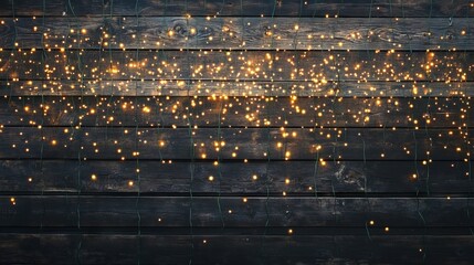 Naklejka premium Intricate arrangement of cascading fairy lights in warm golden tones against charcoal-black reclaimed barn wood, creating a dreamy bokeh effect. The aged wooden surface displays prominent wood grain