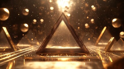 Obraz premium Art deco-inspired triangular platform with geometric gold inlays, floating in a sea of champagne and honey-colored bokeh lights. The pedestal surface features precise faceted edges that catch and