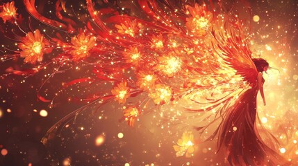 Chrysanthemum-style firework display with cascading streams of red and gold sparks creating perfect symmetrical patterns. Each spark trail features a subtle gradient from bright core to soft tail,