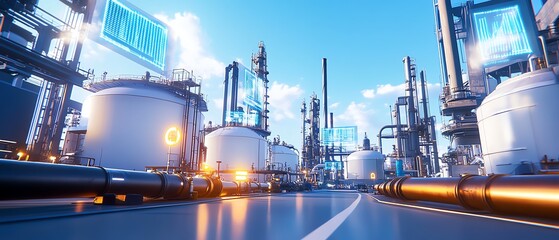 Futuristic industrial landscape with pipelines.