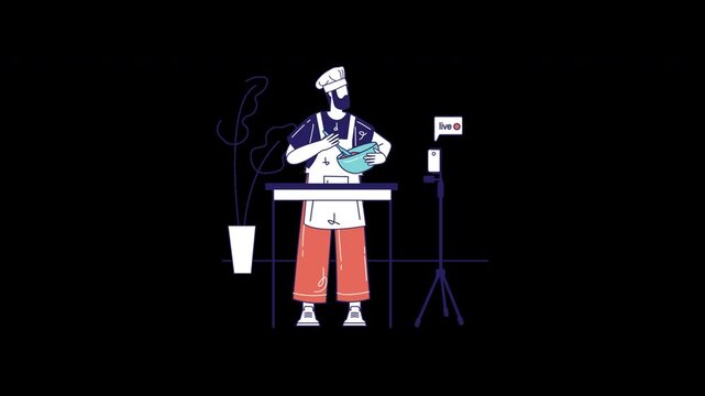 A male chef preparing food in a live cooking video, showcasing creativity and skill in a kitchen setting.