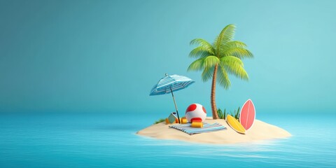 Serene Tropical Island Getaway: Palm Tree, Beach Umbrella, Surfboards, and Summer Fun