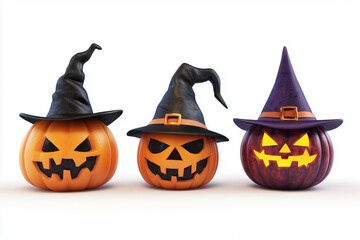 3D pumpkin Halloween with hat set isolated on a white background