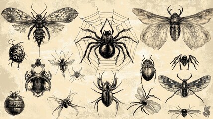 Vintage-inspired collection featuring ornate web designs with Victorian flourishes and decorative borders. The spiders are drawn in a steampunk-influenced style with mechanical details and gear