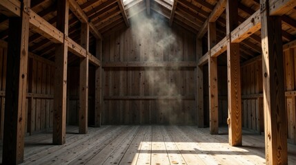 Sunlit Rustic Wooden Interior A Spacious Empty Barn with Beams and Wooden Walls