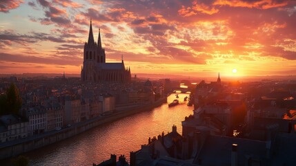 Naklejka premium Sunset over city with cathedral
