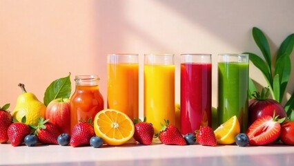 Vibrant and refreshing fruit juice assortment with assorted fresh fruits and berries in a sunlit setting